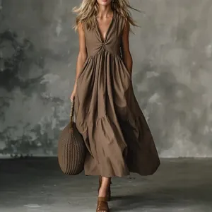 Women V-Neck Sleeveless Tiered Maxi Dress Elegant Solid Color Bohemian Polyester Cake Skirt Summer Beach Vacation Long Dress