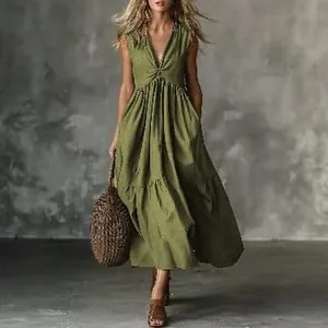 Elegant solid green sleeveless V-neck maxi dress for summer and casual wear events