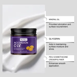 Detailed macro view of Harmisca accordion oil jar and its key ingredient list