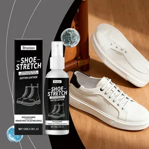 Brunizo Schuh-Dehnungsspray Flasche und Verpackung mit weißen Leder-Sneakern