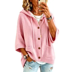 Lässige rosa Strickjacke mit Kapuze, Knopfverschluss und verstellbarem Kordelzug