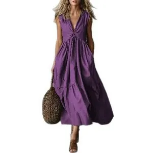 Women's summer solid purple sleeveless V-neck maxi dress for beach and casual wear
