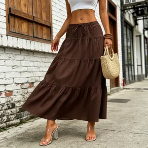 Summer brown tiered maxi skirt with drawstring elastic waist and textured fabric
