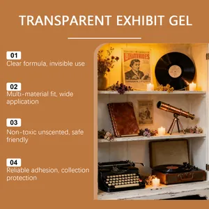 Clear museum-grade exhibit gel for securing vintage collectibles and antique displays.