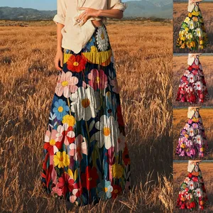 Falda Larga Bohemia Estampado Floral Estilo Pintura al Óleo Cintura Alta Línea A para Mujer Falda Elegante de Vacaciones Poliéster