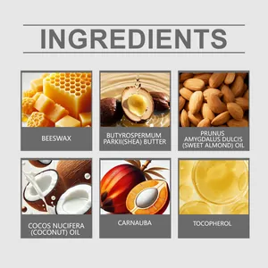 Dettagli ingredienti naturali: cera d'api, burro di karitè, oli di mandorla e di cocco.