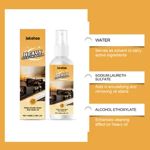 Spray desengrasante Jakehoe de 100ml y lista de ingredientes para limpieza de cocina