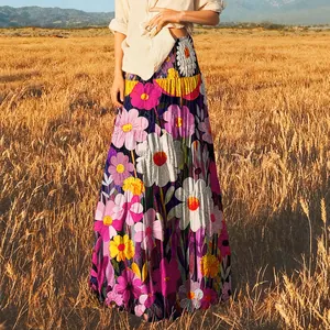 Elegante falda larga bohemia con estampado floral de pintura al óleo y cintura elástica