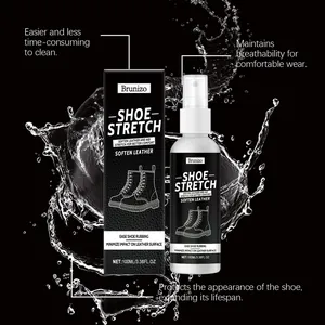 Professionelles Brunizo-Schuhdehnungsspray mit Wasserspritzer auf schwarzem Hintergrund.