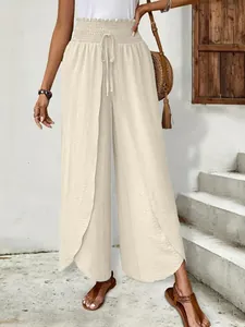 Elegant high-waist split wide-leg trousers with lightweight breathable fabric texture