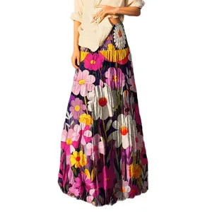 Falda larga bohemia elegante con estampado floral y cintura elástica para mujer