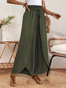 Detail view of olive green wide-leg split pants with high elastic waist and drawstring