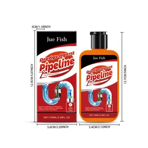 Υγρό απόφραξης Jue Fish 100ml με διαστάσεις προϊόντος και λεπτομέρειες συσκευασίας.
