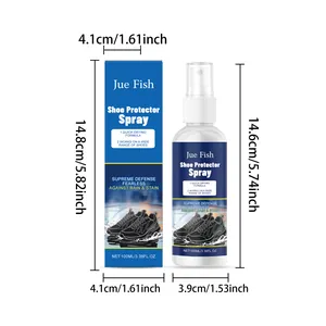 Detailed dimensions of Jue Fish waterproof shoe protector spray bottle and its blue packaging box