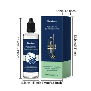 Detailed dimensions of Harmisca 100ml piston oil for brass instruments and packaging box