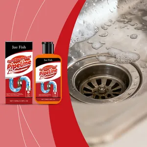 Jue Fish αποφρακτικό σωλήνων 100ml μπουκάλι και κουτί δίπλα σε ανοξείδωτο νεροχύτη