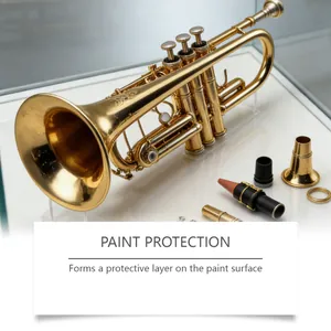 Detailed view of a golden brass trumpet showing the protective layer and high gloss finish