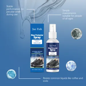 Detail of Jue Fish shoe protector spray showing 100ml bottle, packaging, and waterproof benefits.