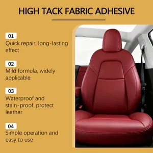 High tack fabric adhesive for leather repair on red car seats shown in detail view