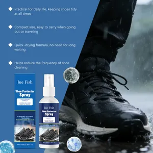 Detail view of Jue Fish shoe protector spray beside a waterproof black sneaker in the rain.