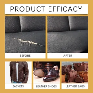 Detail view showing before and after leather repair with glue application on jackets and bags