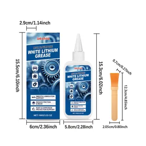 Detailed dimensions of JAKEHOE white lithium grease bottle, box, and applicator brush.