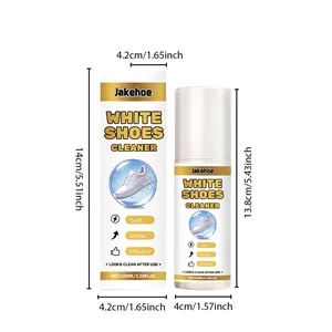 Detailed dimensions of Jakehoe white shoe cleaner bottle and box in cm and inches