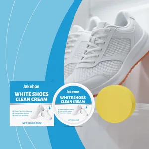 Jakehoe white shoe cleaning cream set including a yellow sponge and detailed packaging