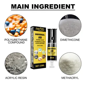 Detail view of Jue-Fish universal AB glue main ingredients and 25ml syringe packaging