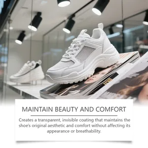 Λεπτομερής όψη λευκού sneaker προστατευμένου με αόρατη αδιάβροχη επίστρωση σπρέι.