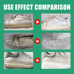 Professional white shoe cleaner before and after effect comparison for removing yellow stains