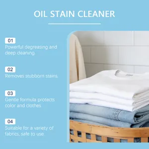 Infografica che mostra i vantaggi dello smacchiatore per olio con bucato bianco pulito.