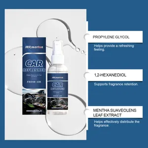 Detailweergave van Hikmarion auto luchtverfrisser spray met ingrediënten.