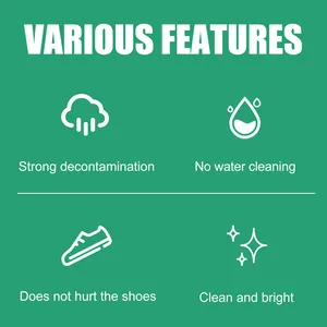 Detailed features of white shoe cleaner showing water-free and deep cleaning benefits