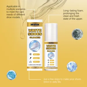 Jakehoe 100ml white shoe cleaner spray bottle with packaging and foam benefit description