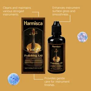 Vista detallada del aceite pulidor Harmisca para violín, limpieza y mejora del brillo