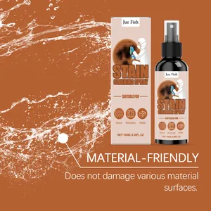 Vue détaillée du spray nettoyant pour taches Jue Fish et son emballage avec éclaboussures