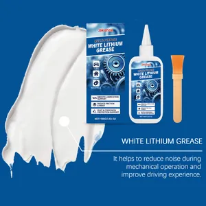 Detail showing white lithium grease texture with application brush and packaging