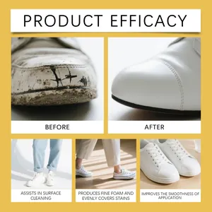 Before and after comparison of white shoe cleaner showing powerful stain removal effect