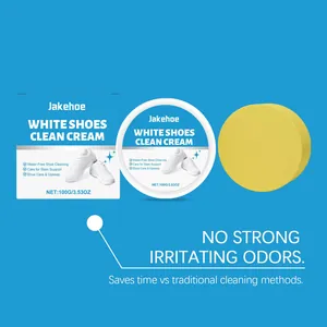 Detail of Jakehoe white shoe cleaning cream with applicator sponge and product packaging