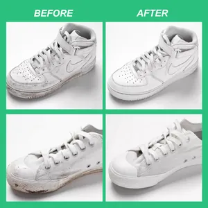 Before and after comparison of powerful white shoe cleaner on sneakers and canvas shoes