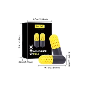 Detailed dimensions for Jue Fish shoe deodorizer capsules and their packaging box