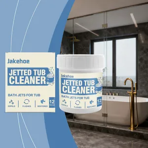 Detailed view of Jakehoe jetted tub cleaner tablets packaging in a modern bathroom