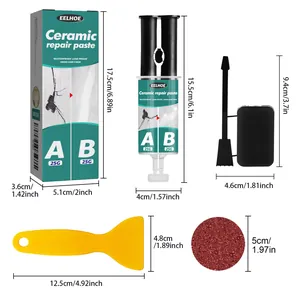 Detailed dimensions of ceramic repair paste kit with beige AB glue components