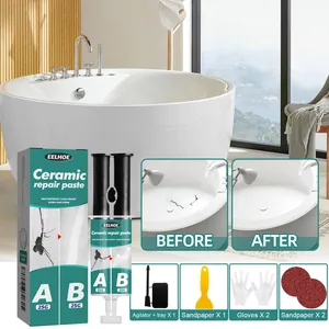 Detail view of ceramic repair paste with before and after comparison on bathtub
