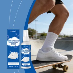 Action shot of Jue Fish shoe and sock deodorizing spray bottle with skateboarding background