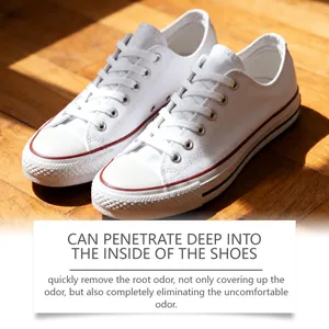 Detailed view of white sneakers showing the effect of deep penetrating deodorizing capsules