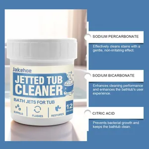 Detail view of Jakehoe jetted tub cleaner highlighting main ingredients and 12 pieces count