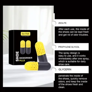 Close-up of deodorizer capsule ingredients including zeolite and propylene glycol for shoes