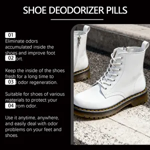 English description of shoe deodorizer pills features for eliminating odors in white boots
